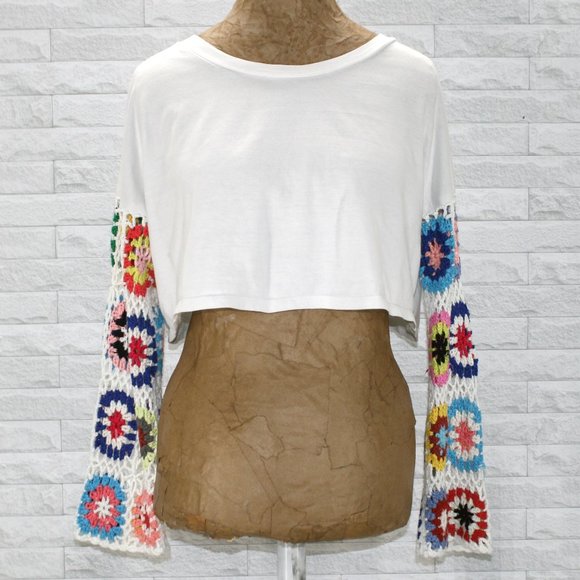 entro Tops - ENTRO Top Cropped Oversized Crochet Granny Squares Long Sleeve Boho White Retro